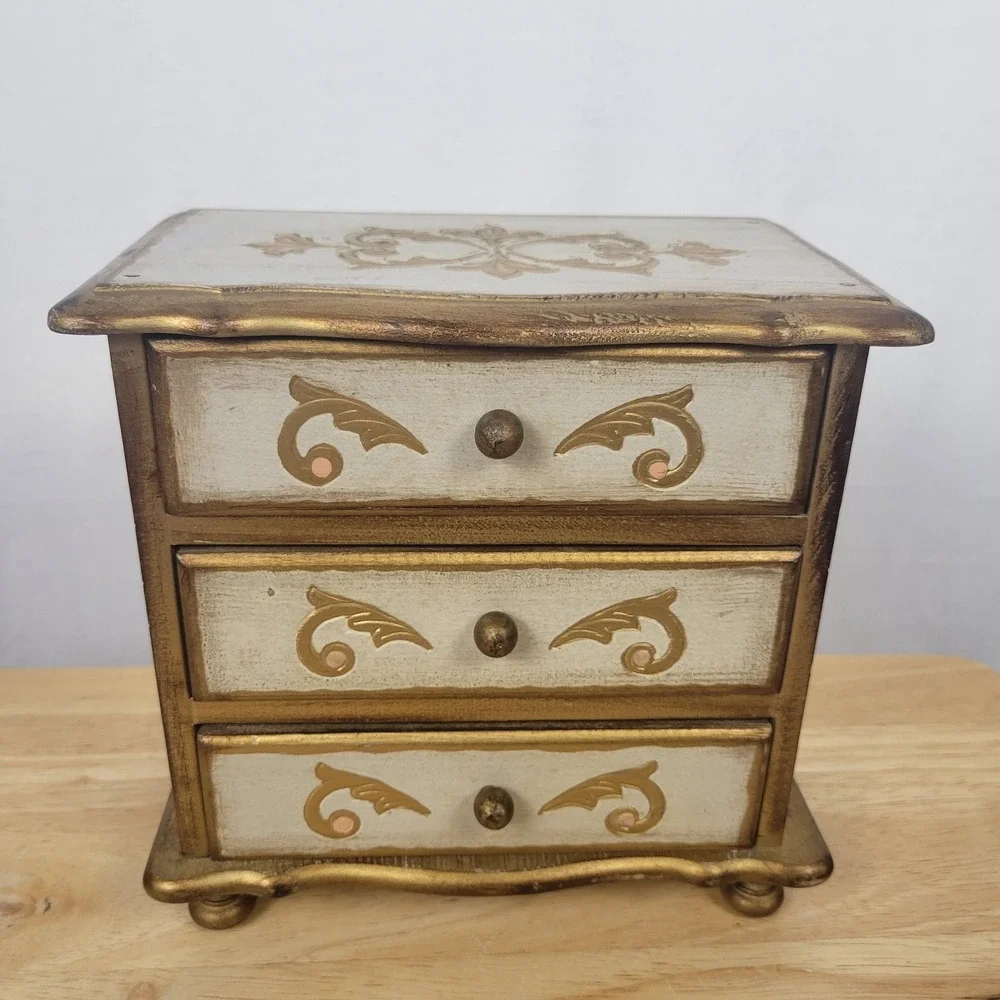 Vintage Florentine Musical Jewelry Box Gold Gilt Wood 3 Drawer Italian Style
